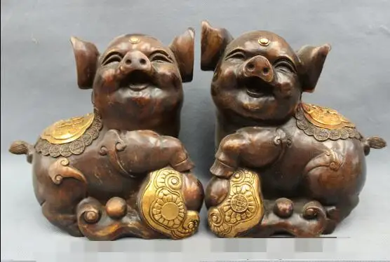 

S5285 8" Chinese Bronze Gilt Wealth Coin Cai Fu RuYi Happy Pig Statue Sculpture Pair discount 30% (C0324)