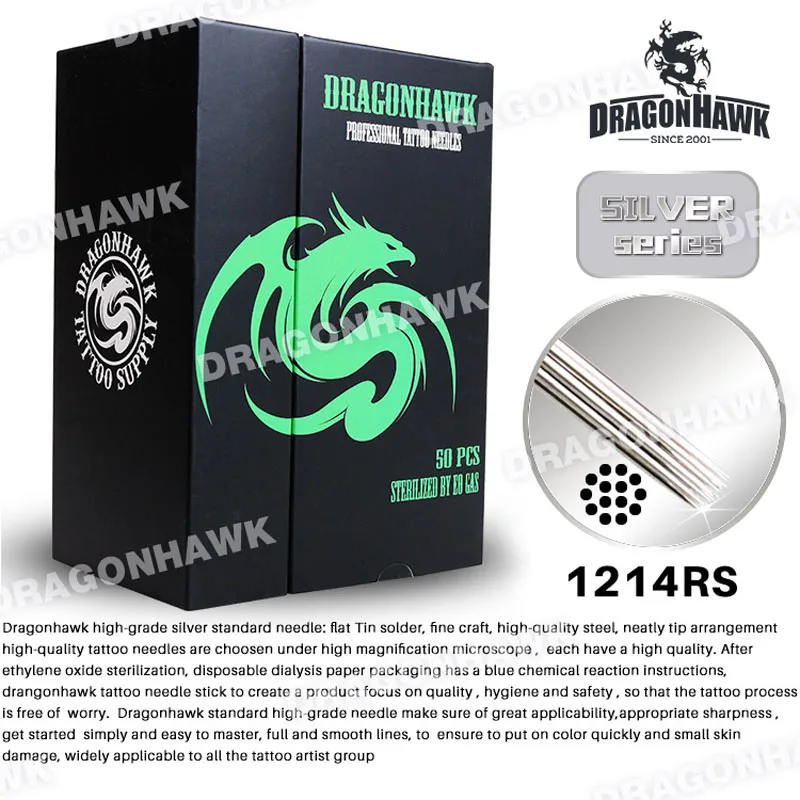

Disposable Tattoo Needles Supply 50 pcs 1214RS Round Shader Dragonhawk high-grade Silver Standard Needles Tattoo Machines