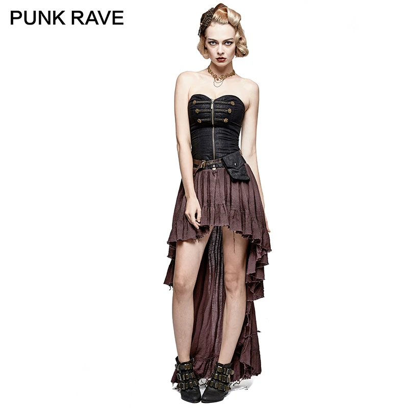 

PUNK RAVE Steampunk Retro Strapless Tube Top Long Chest-type Asymmetric Hem Clothing High Low Lace Pleated Black Elegant Dress