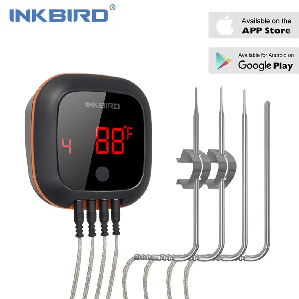 Inkbird IBT-4XS, портативный беспроводной гриль для мяса, печь для коптильни, термометр для барбекю с перезаряжаемой батареей и магнитной спинкой, четыре зонда