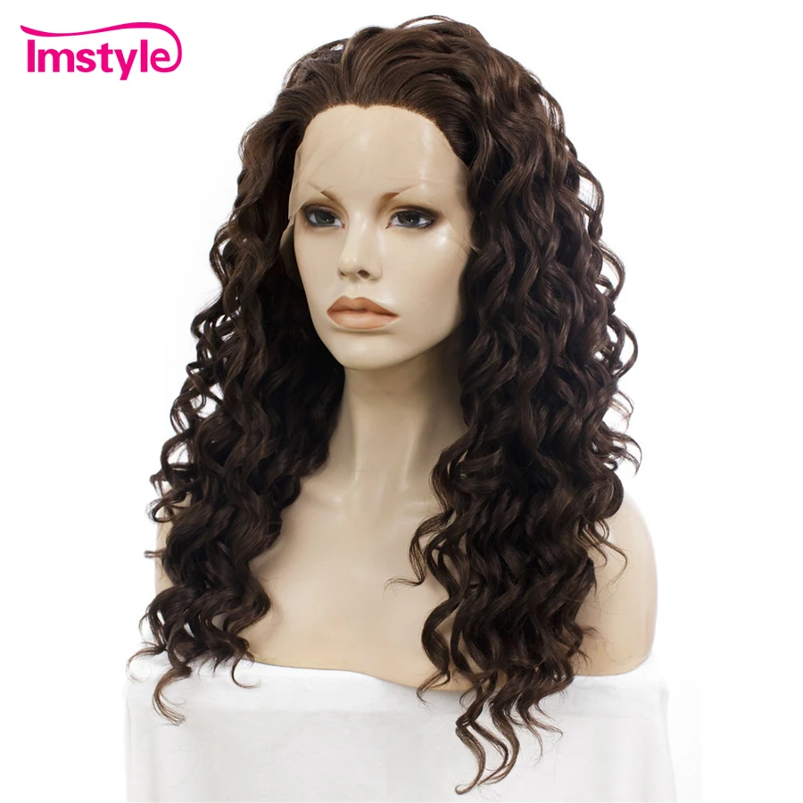Imstyle Dark Brown Curly Wigs Lace Front Wigs Heat Resistant Fiber