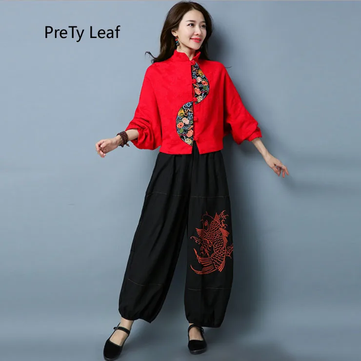 В этническом стиле из хлопка и льна короткий рукав летучая мышь вышитые пальто