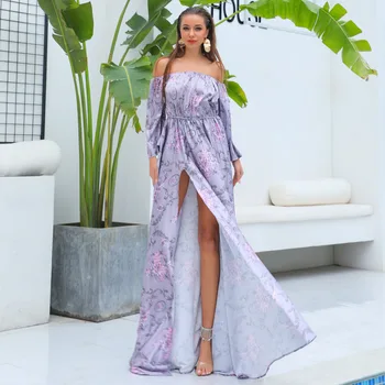 

2019 Dress Sexy Celebrity Backless Print Full Flare Sleeve Slit Women Slash Neck Night Club Body con Party Dresses Wholesale