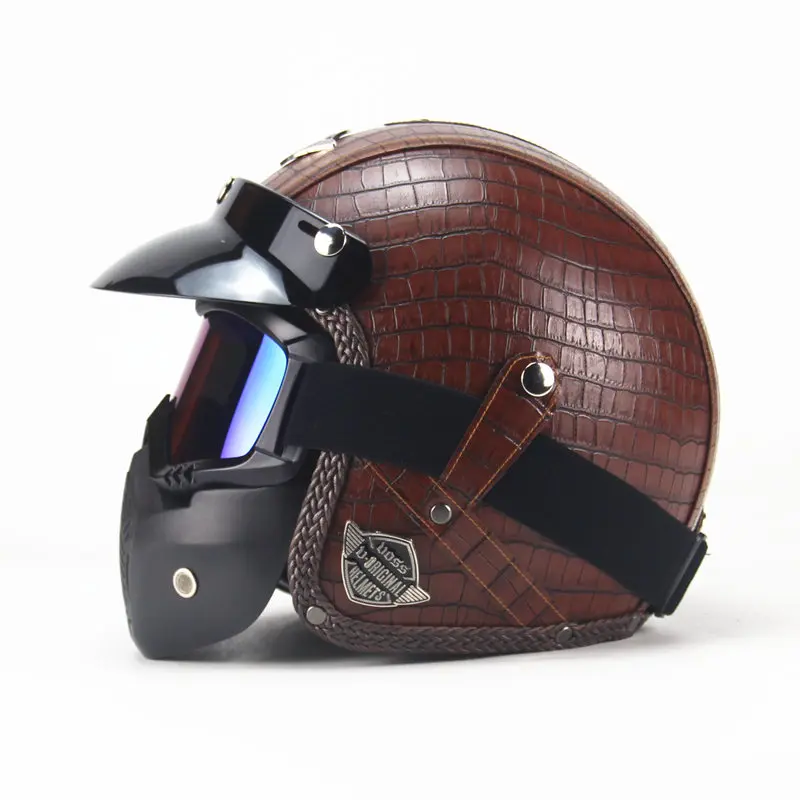Взрослые 3/4 кожаные шлемы винтажные мотоциклетные байкерские скутер Cruiser с открытым лицом полушлем с открытым лицом Мотоцикл черный