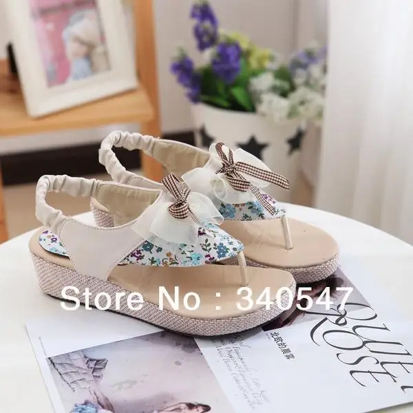 Free shipping Women's Paley Mid Wedge Sandal Fashion Flower lace T Strap Sweet Flats Sandals Shoes S37 |