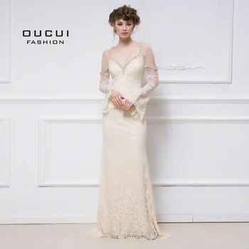 

Real Photo Long Sleeves Lace Fabric Pearls Hand Work Mermaid Formal Long Prom Evening dress OL102923