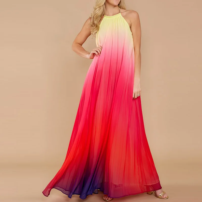 

Sexy Backless Dresses Maxi for Women Summer Beach Vacation Chiffon Boho Sundress Vestidos Pleated Full Length Robes Tunic Gowns