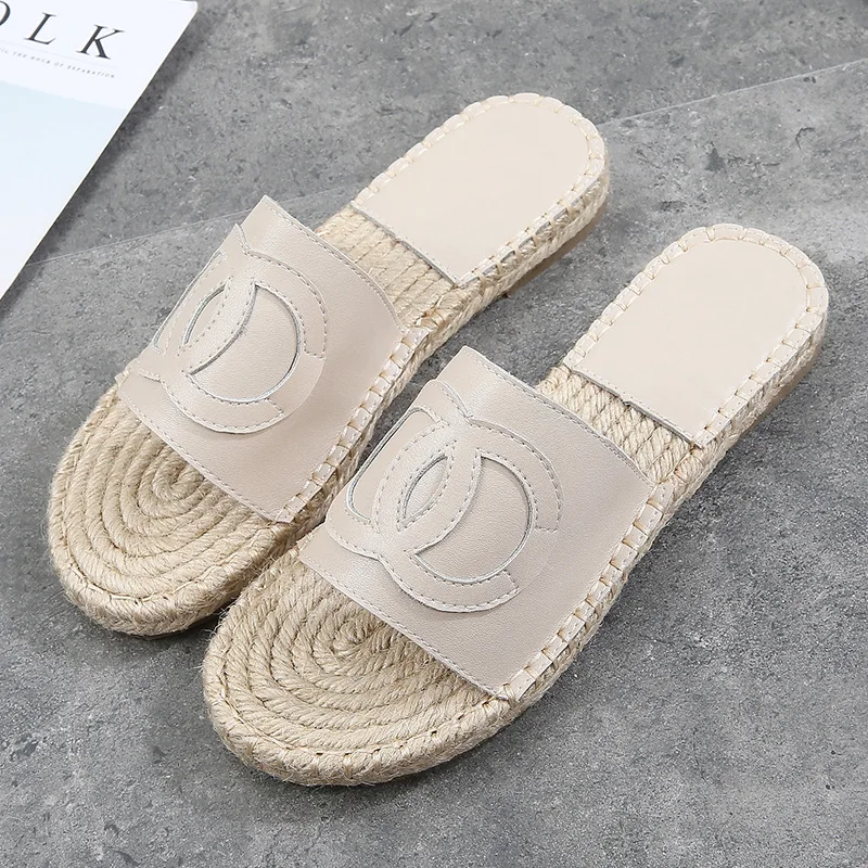 

Brand High Quality Genuine Leather Summer Female Slides Jute Bottom Luxury Shoes Women Slippers Size 40