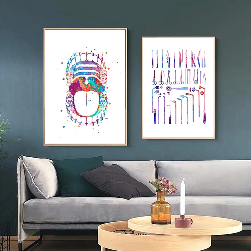 WANGART Colorful Teeth Print Surgical Instrument Canvas Painting Modern Art Wall Picture For Medical Education Office Home Decor