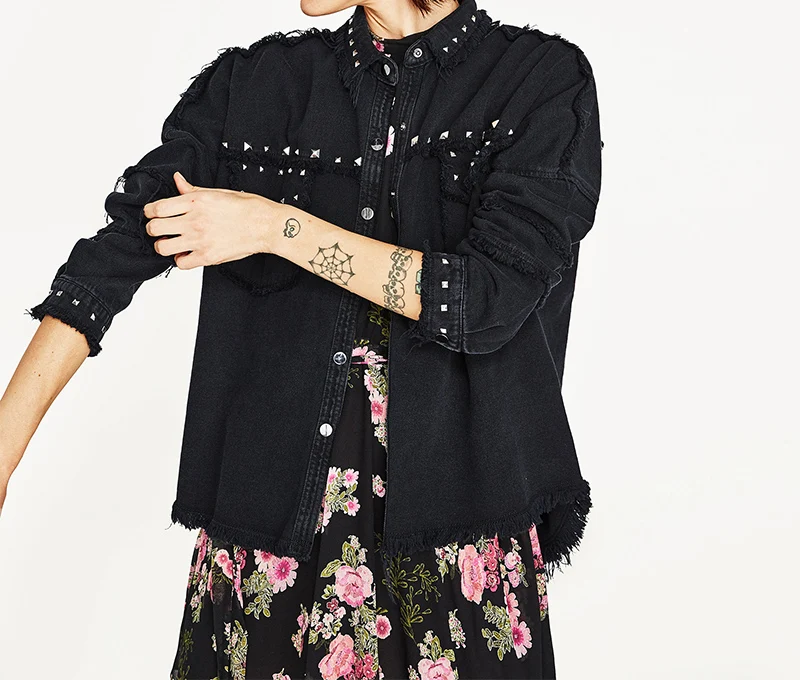 ShejoinSheenjoy Streetwear Pocket Rivet Frayed Jean Denim Jacket Women Turn-down Collar Long Sleeve Casual Coat Black Outerwear (8)