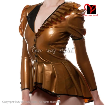 

Metallic gloden Sexy Short Rubber coat button Front puff sleeve uniform clothing Top clothes Latex Jacket size XXXL SY-053