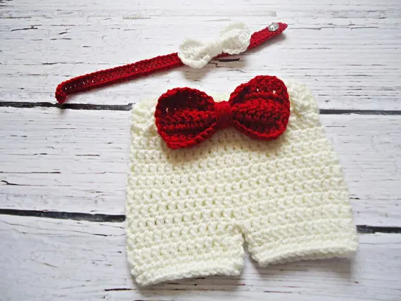 

free shipping, handmade Crochet Baby Bow tie with matching Red bowknot shorts baby Set Newborn Photo Prop NB-3M 100% cotton