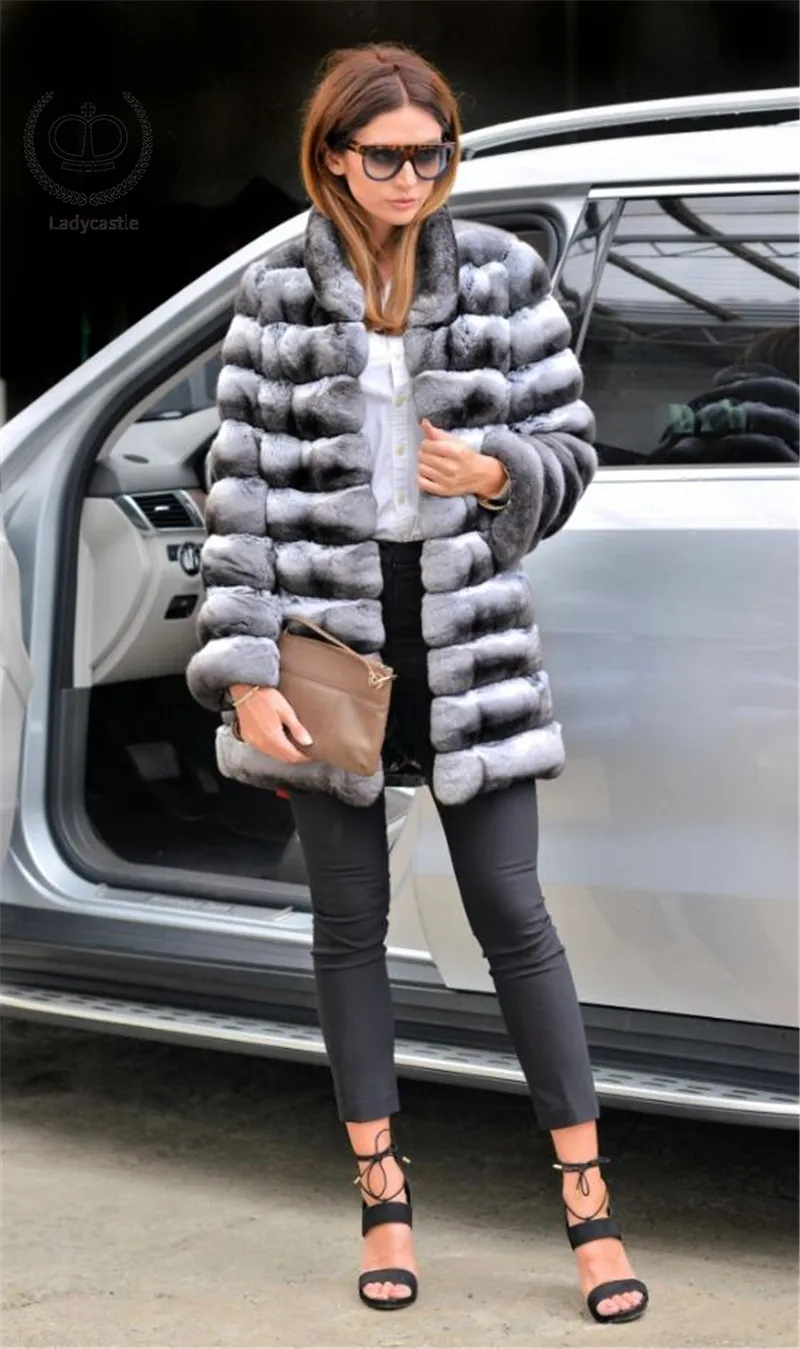 Натуральный мех теплое пальто со стоячим воротником длинная куртка C мехом естественного развивающий коврик для ползания Шиншилла Шуба из кролика Рекс Для женщин Зимняя мода RB-059