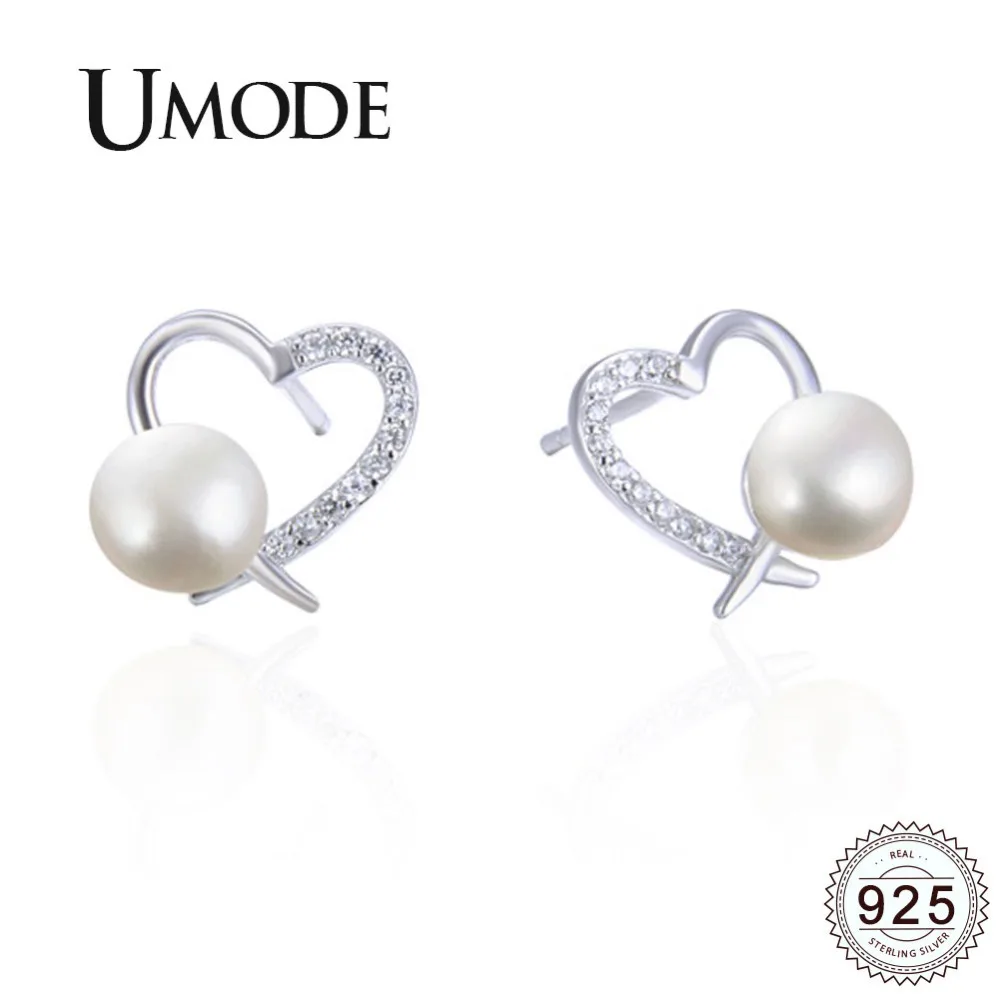 

UMODE 2019 New Round Pearl 925 Sterling Silver Stud Earrings for Women Heart Studs White Gold Hollow Zircon New Jewelry ALE0493