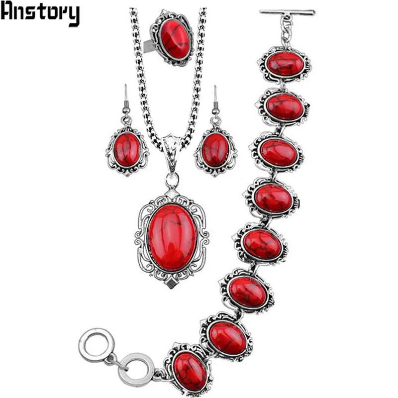

Oval Flower Stone Jewelry Sets Necklace Bracelet Earrings Ring For Women Retro Look Antique Silver Plated Gift