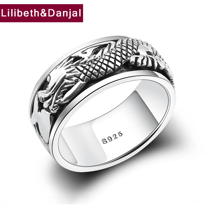 

2019 Initial Promise Couple Ring 100% 925 Sterling Silver Jewelry Men Women Black Vintage Rotatable dragon Engagement Ring R060