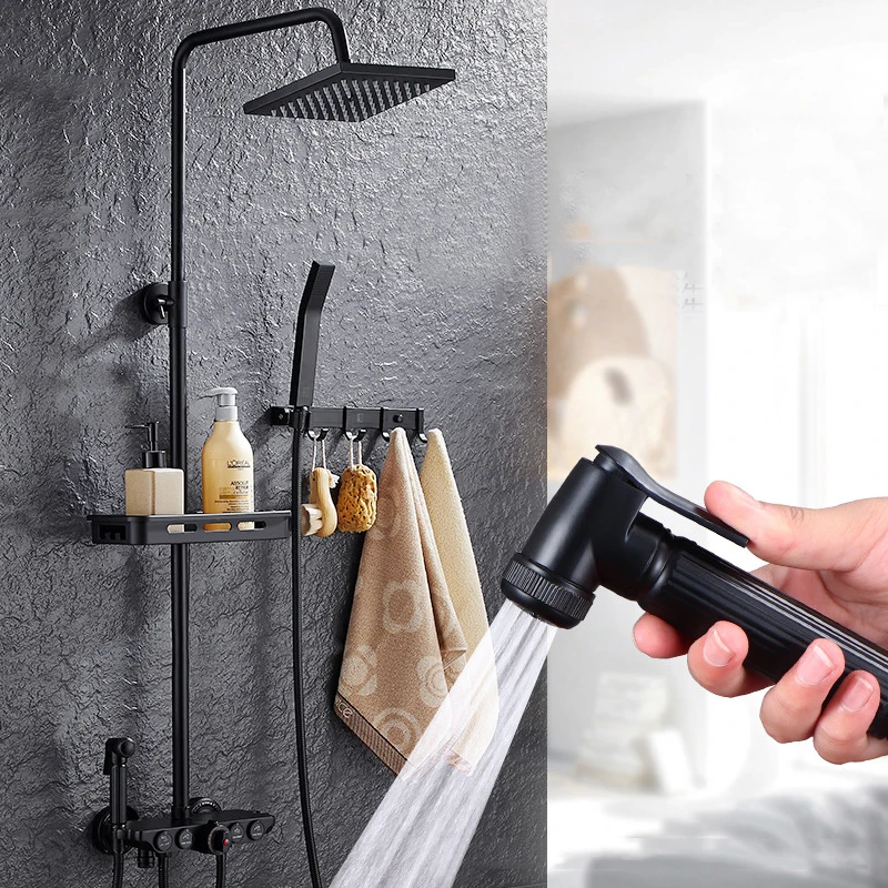 

Copper intelligent Thermostatic temperature black big shower faucet set square hand Thermostatic Mixer with hooks