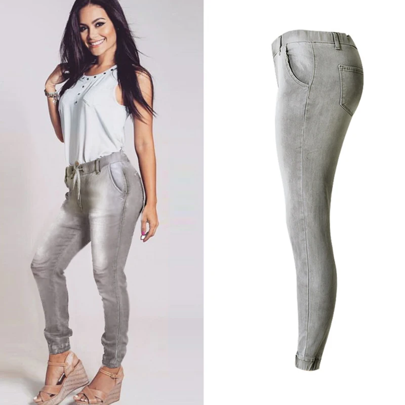 Tide Pantalones Algodón Style Blanqueado Denim Jeans Vintage Street Cintura Niza Mujeres Pop Gray Mediados Elástico Estilo Delgada Marca De Con qnFRE