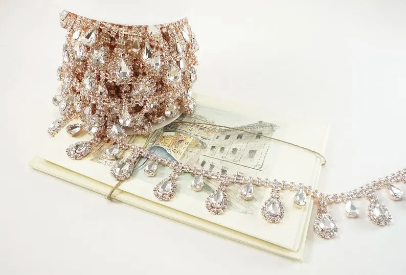

10Yards Tear Drop Rose Gold Rhinestone Trim Trimming Gold Silver Rose Gold Crystal Chain For Wedding Dress