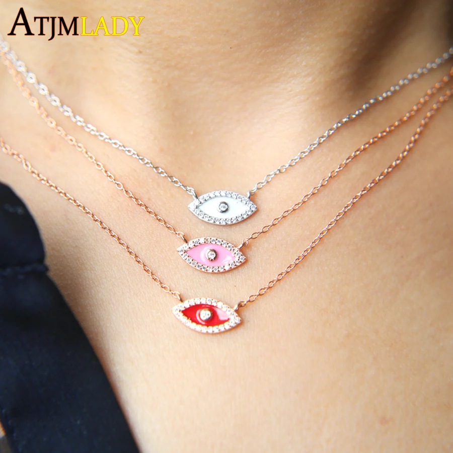 

2018 New 925 sterling silver with cz paved Evil Eyes wedding Necklace For Women shiney Color Cubic Zirconia pendant necklace