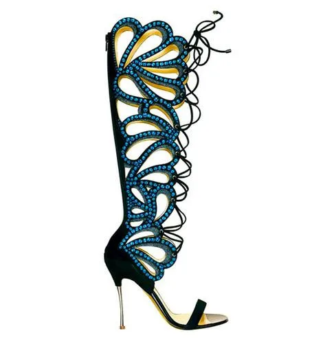 

Sexy Woman Peep Toe Knee-high High Heel shoes Summer Boot Big Size 42 Special cut-outs lace-up Black Pink Green colorful crystal