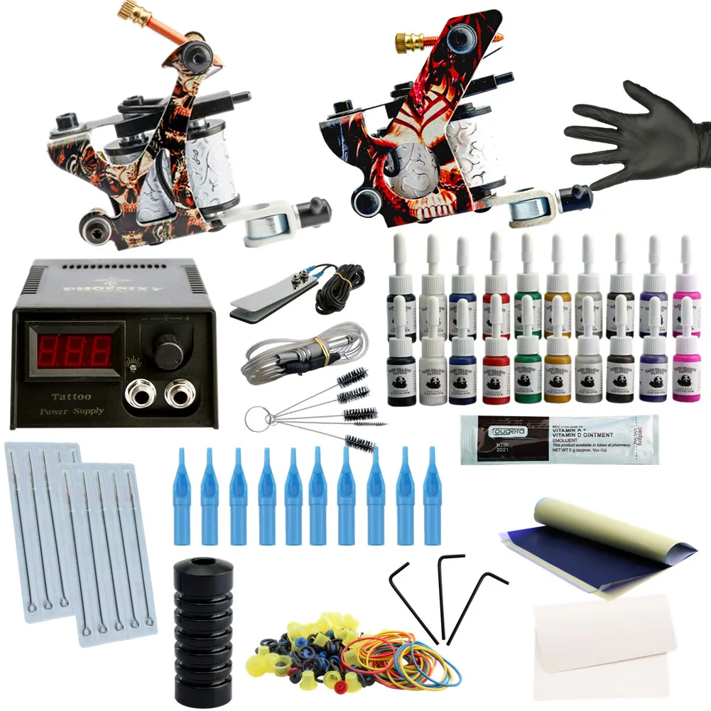

Complete Tattoo Kit 2 Tattoo Machine Guns Set 20 Colors Inks Black Power Supply Grip Permanent Makeup Body Art Tattoo Sets