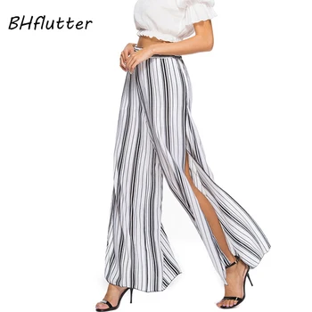 

BHflutter 2018 Trousers Women New Striped Print Casual Long Pants Summer Style Elastic High Waist Wide Leg Pants Pantalon Femme