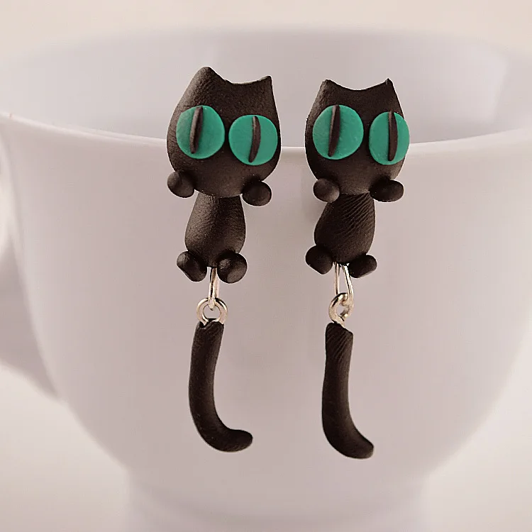 Новая мода ручной работы Полимерная Марио глина лиса серьги-гвоздики в форме растения для женщин девочек 3D милый мультфильм животных серьги Ювелирные изделия Подарки - Окраска металла: Green Eyes Cat
