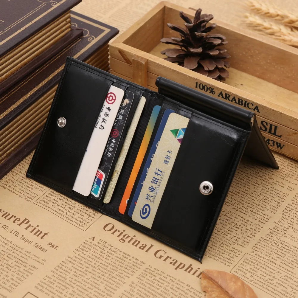 Men Money Clip Trifold Leather Front Pocket Wallet Metal Clamp for Money Business Cardholder