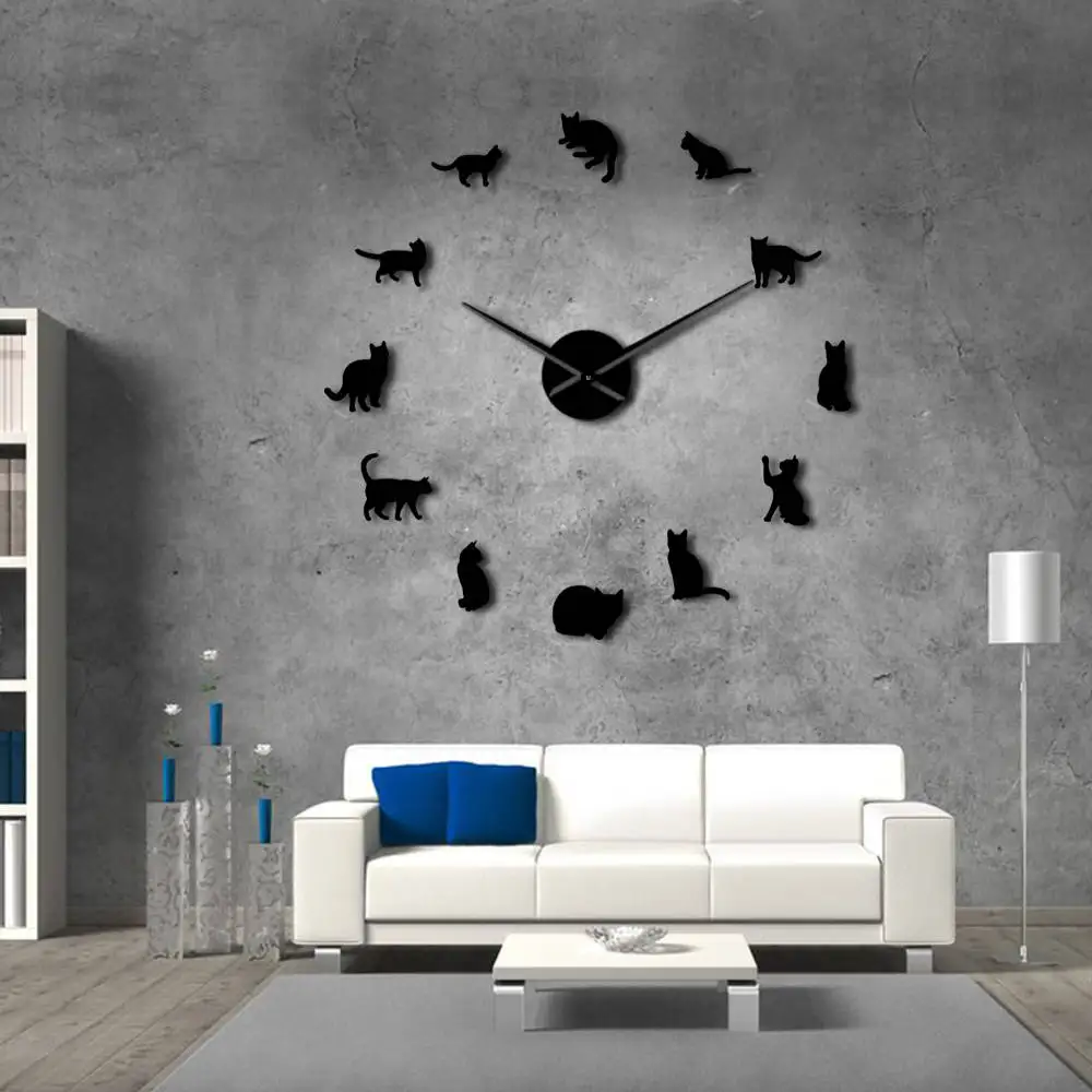 Silhouette Cats Wall Art Kittens DIY Giant Wall Clock Playful Cats Big Nee F5I7 