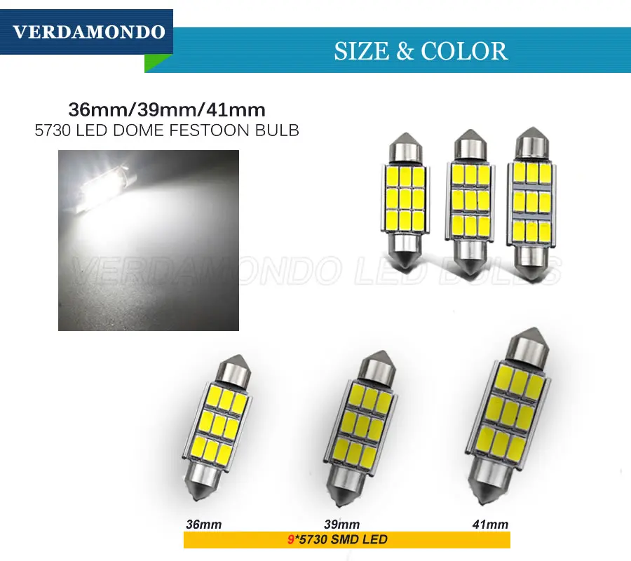 1 шт., 36 мм, 39 мм, 41 мм, C5W светодиодный 5630, 5730, 9 SMD светодиодный, для интерьера, белый, Canbus, авто, для чтения, купол, лампа, светильник, DC 12 В