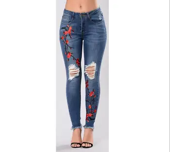 

Frauen Denim Pants Women Skinny Pant High Waist Taille Stretch Hole Floral Jeans Slim Pant Bleistift Hose