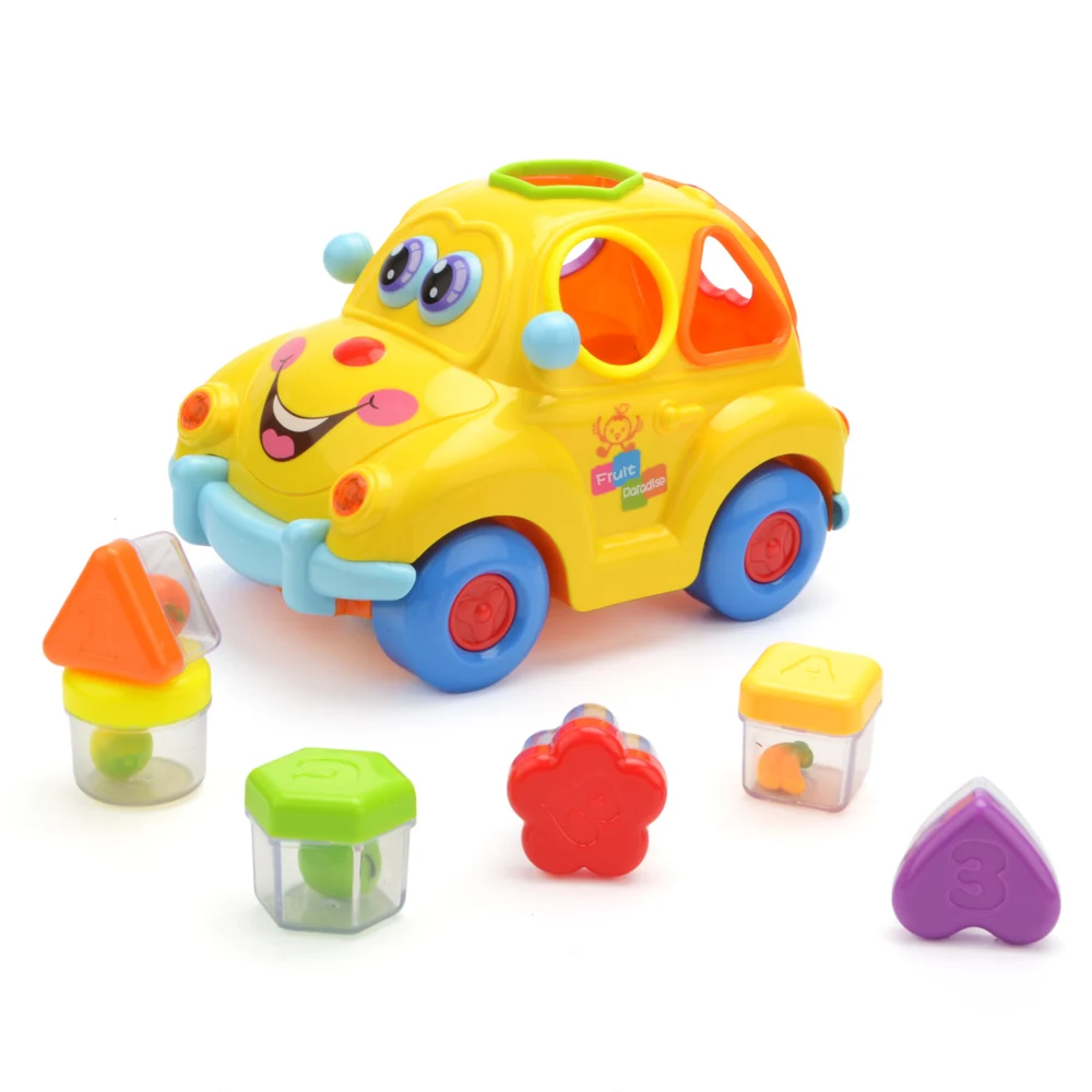 

Electric Musical Car Toy with Lights and Sounds Fruit Shape Sorters Activity goes Around and Changes Directions on Contact