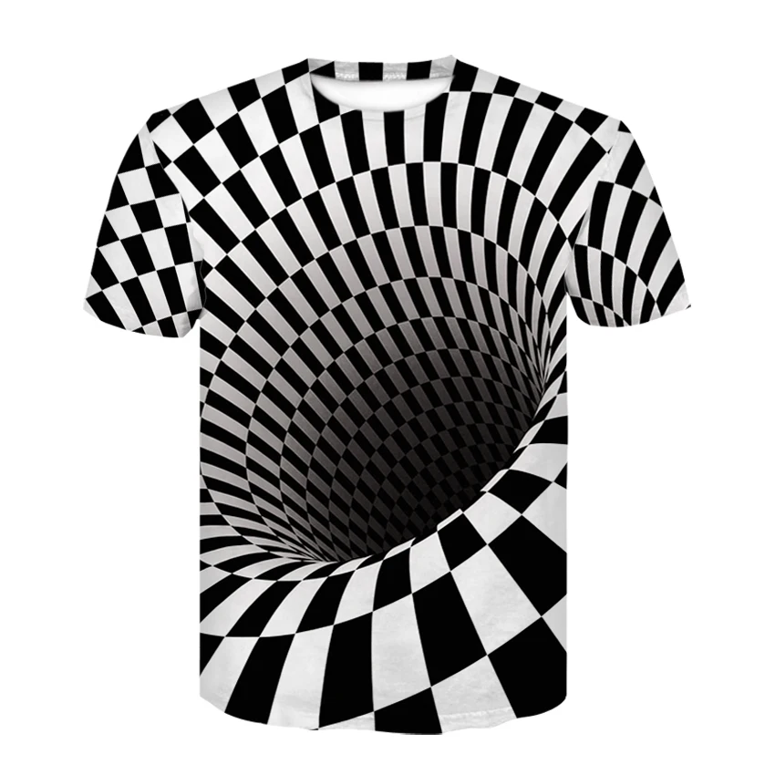 

3D black and white check spiral hole short sleeve T-shirt, summer boy hip hop funny personality print trend T-shirt
