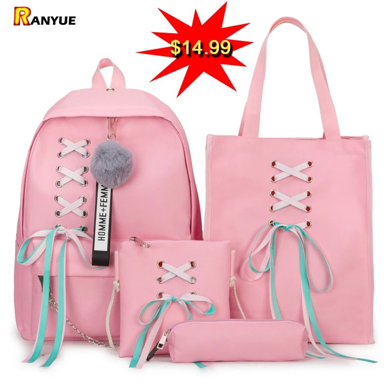 4 unids/set cinta cadena Bowknot carta Mochila de lona viajes mochilas de ocio mochilas para chicas adolescentes de la escuela Bagpack