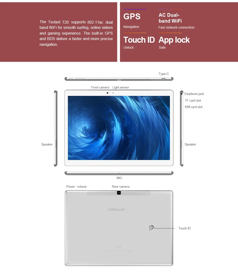 Teclast T20 4G Phablet Android 7,0 10,1 дюймов 4 Гб 64 Гб планшетный ПК 2560x1600 Bluetooth 4,1 Deca Core телефонный звонок 8100 мАч 13 МП