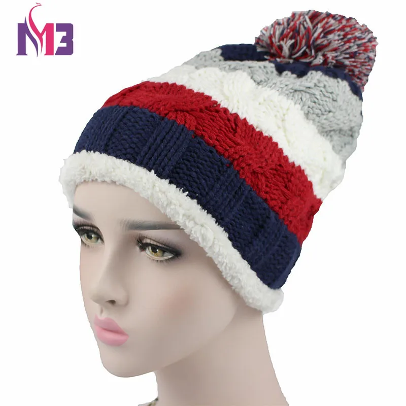 

Fashion Women Warmer Knit Beanie Hat Fleece Lining Double Layer Thick Warm Casual Knitted Skullies Beanie Cap Ball