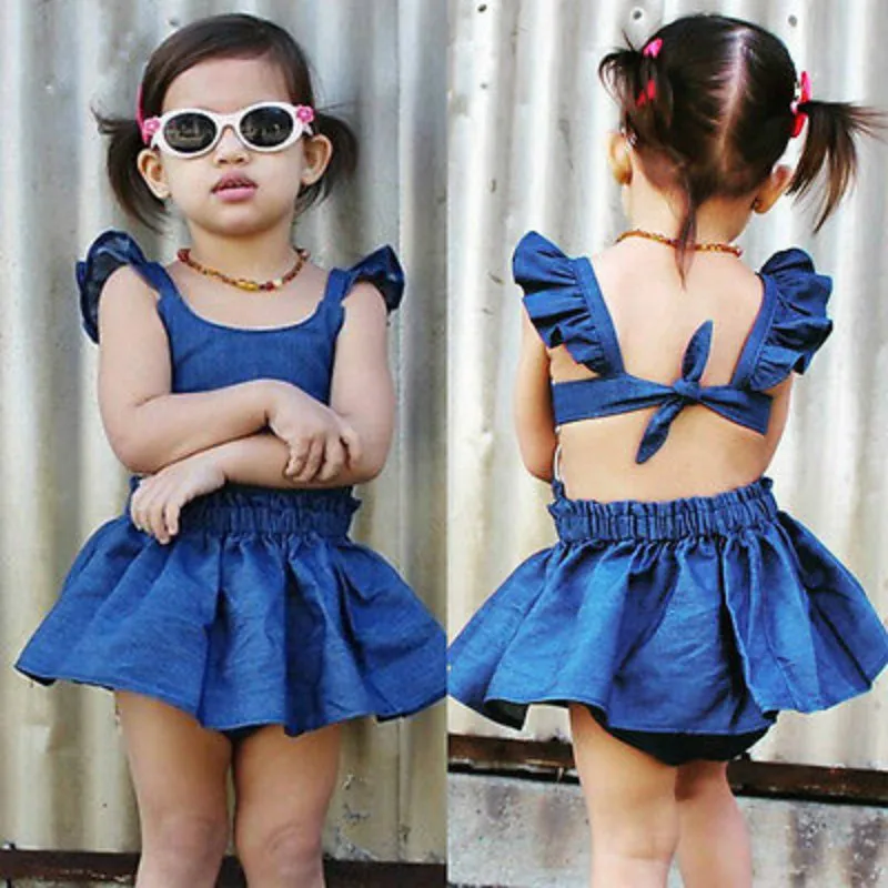 Cute Baby Girls Kids Toddler Summer Ruffles Sleeveless Denim Jeans Tutu Mini Dress Backless Party Blue Dresses Sundress 1-5Y