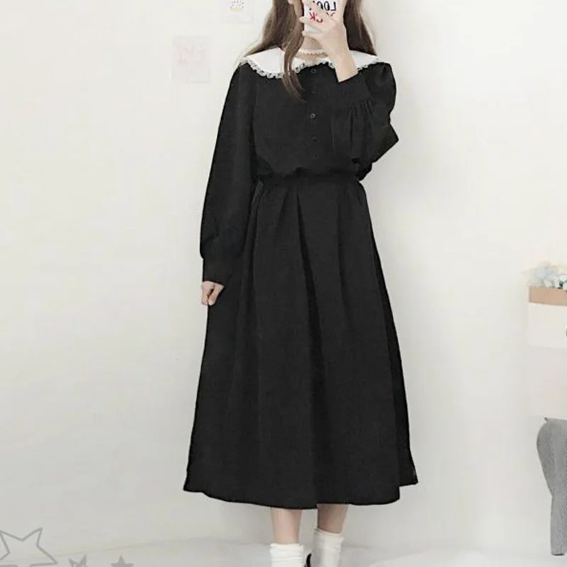 

Mferlier Winter Dress Lolita Panelled Peter Pan Collar Women Long Sleeve High Waist Female Black Long Vintage Dress