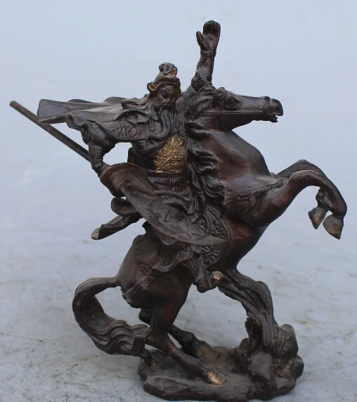 

MISS sta.01097 6"China Bronze Gilt knife Guan Gong Yu Warrior God ride Zodiac Year horse Statue