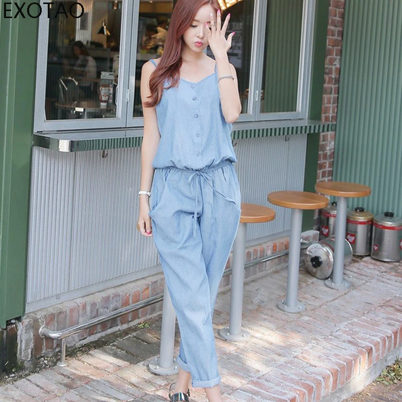 EXOTAO Elastic Waist Denim Jumpsuits Strap Oversized With Pocket