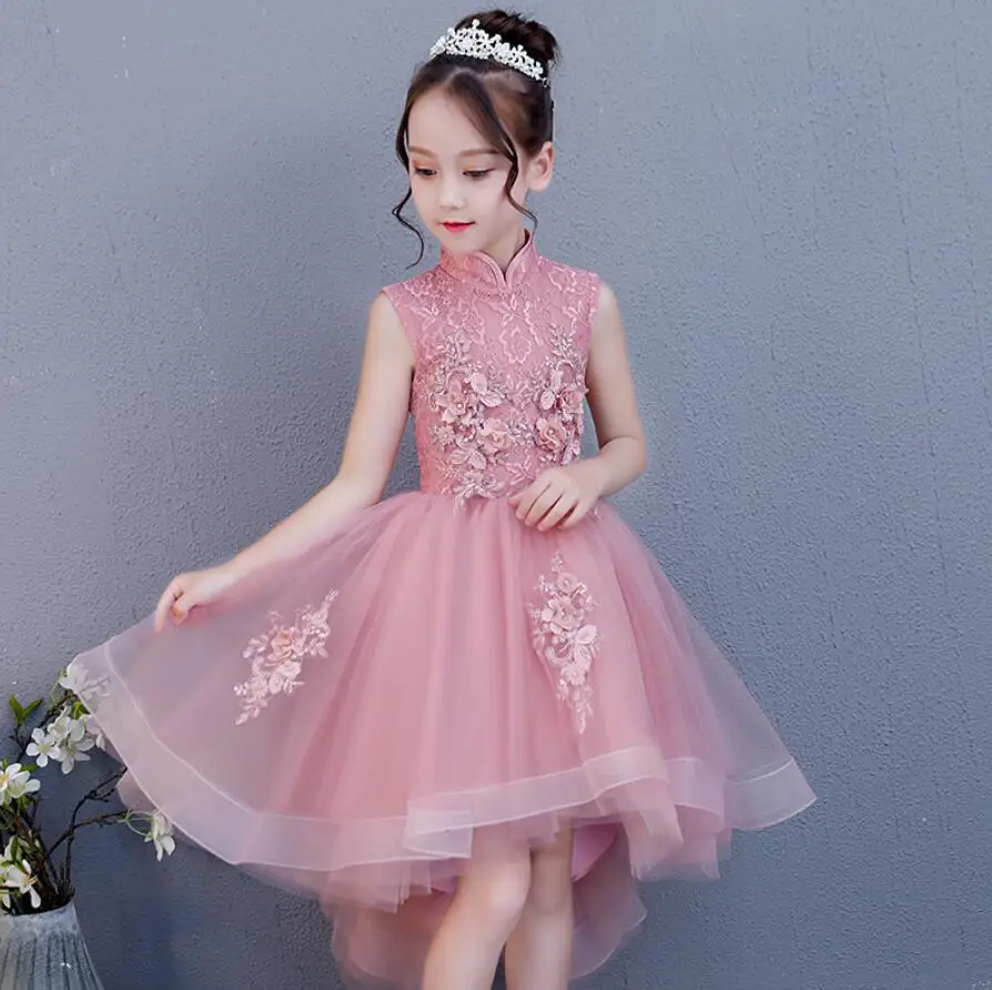 Элегантное нарядное платье с аппликацией из бисера и цветочным узором для девочек, Пышное Платье для крещения, бальное платье принцессы на