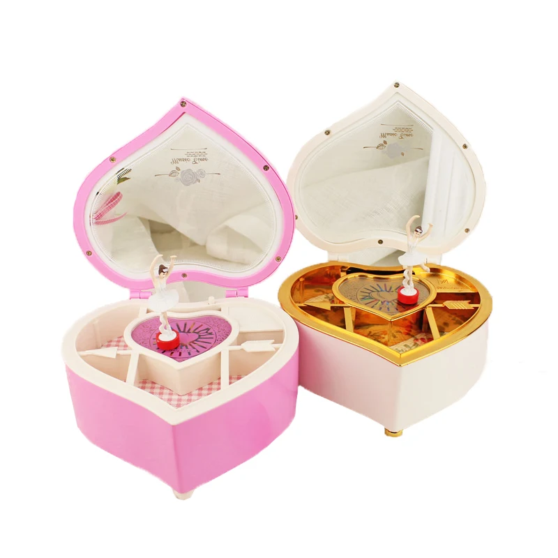 Caja de música de bailarina con forma de corazón caja de joyería de plástico para niñas Caja de música de bailarina con forma de corazón caja de joyería de plástico para niñas