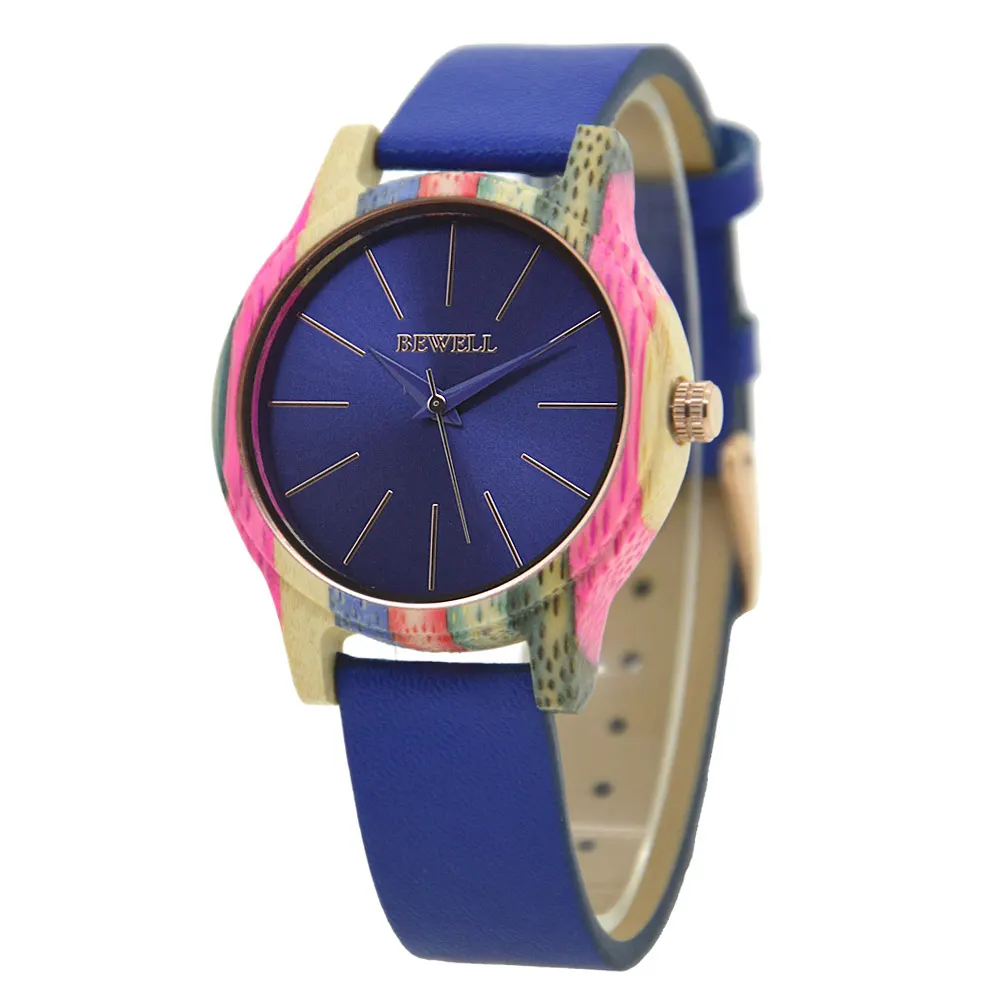 BEWELL модные деревянные кварцевые наручные часы кожа деревянные часы для женщин хорошая бумажная упаковочная коробка W139A - Цвет: Navy Blue