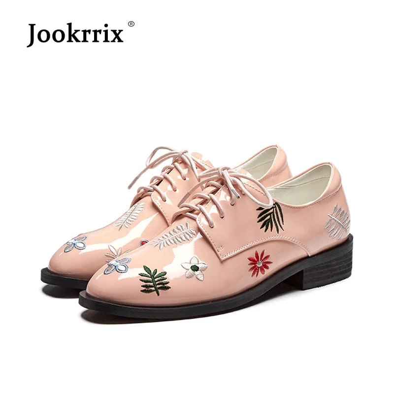 

Jookrrix 2018 Casual Brogue Shoes Women Fashion British Style Embroidery Flats Lady Real Leather Oxfords Flower Female chaussure