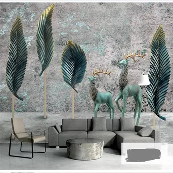 

Custom wallpaper retro old 3d elk leaves wrought iron TV background wall painting waterproof material