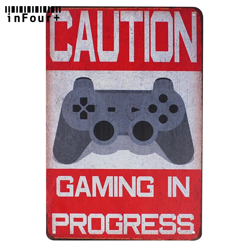 

Caution Gaming In Progress Wall Decor Metal Sign Vintage Home Decor Tin Sign Retro Metal Plaque Cool Metal Plate Metal Poster