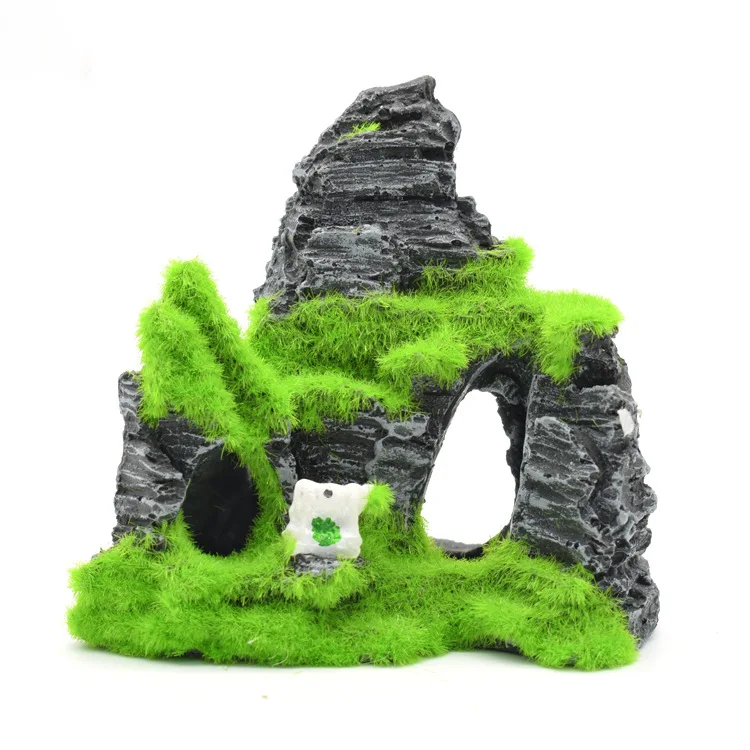 Flone Artificial Plant Resin Aquarium Landscape Decor Fish Shrimp Nest Moss Rock Mountain Dodge House Flocking Moss Rockery  (1)