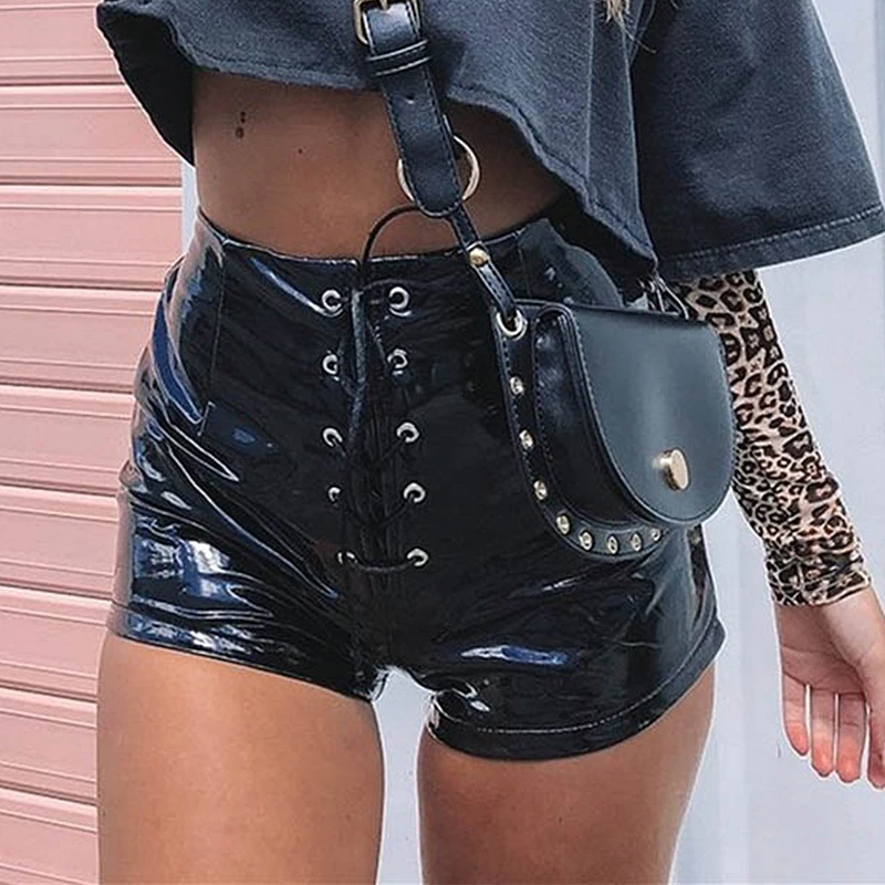 InstaHot Lace Up Elastic Waist Pu Leather Shorts Summer Black Red Sexy Fashion Tie Up Shorts Streetwear Club Clothing Lady