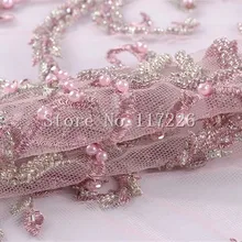Высокое качество детские розовые бисером африканский тюль вышивка кружево ткань Африканская сетчатая кружевная ткань JRB-191213 для свадебного платья